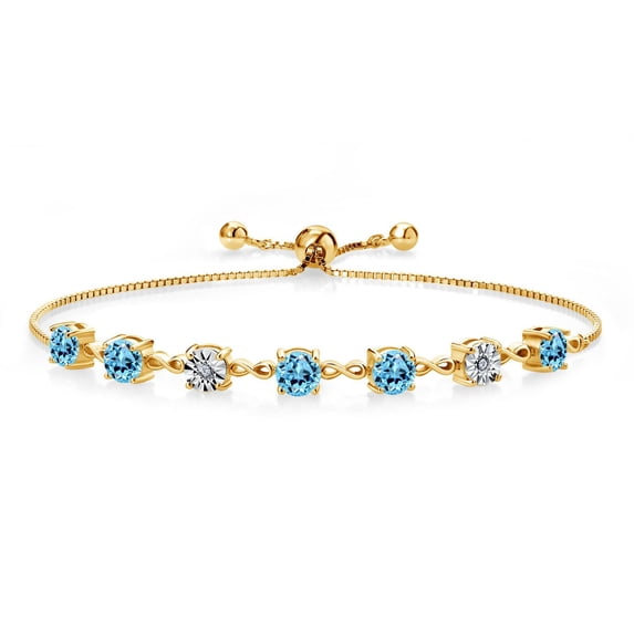 Gem Stone King 3.26 Ct Round Swiss Blue Topaz 18K Yellow Gold Plated Silver Lab Grown Diamond Tennis Bracelet for Women (Fully Adjustable up to 9 inch)