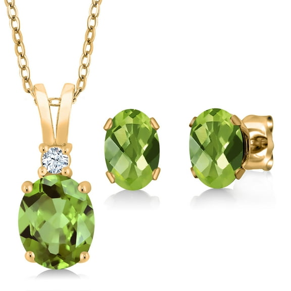 Gem Stone King 3.27 Ct Oval Green Peridot 18K Yellow Gold Plated Silver Pendant and Earrings Jewelry Set
