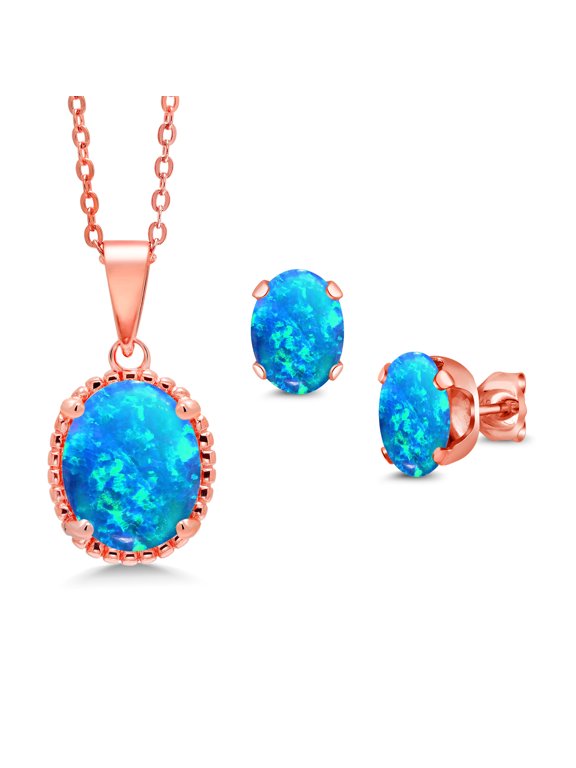 3.29 Cttw Oval Cabochon Blue Simulated Opal 18K Rose Gold Plated Silver Pendant and Earrings Jewelry Set