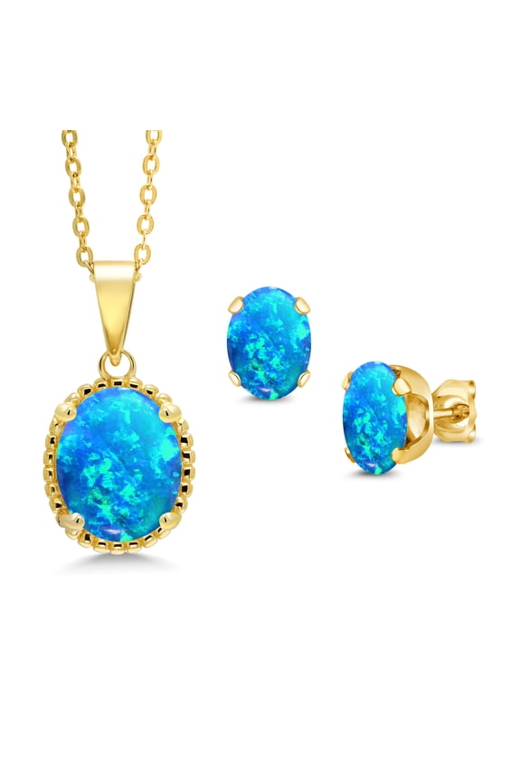 3.29 Cttw Oval Cabochon Blue Simulated Opal 18K Yellow Gold Plated Silver Pendant and Earrings Jewelry Set