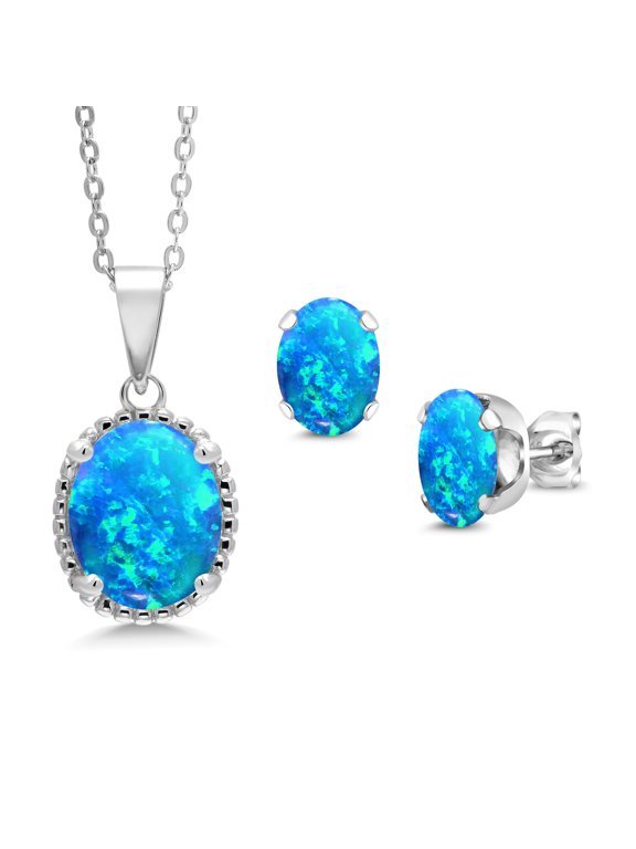 3.29 Cttw Oval Cabochon Blue Simulated Opal 925 Sterling Silver Pendant and Earrings Jewelry Set