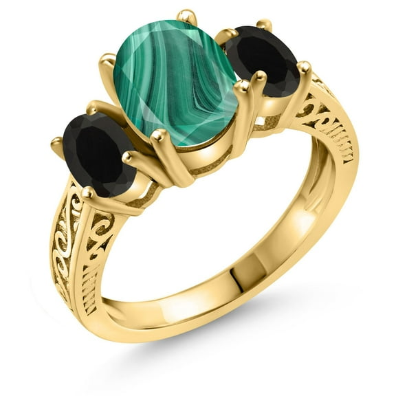 Gem Stone King 3.30 Ct Oval Green Malachite Black Onyx 18K Yellow Gold Plated Silver Ring (Size 9)