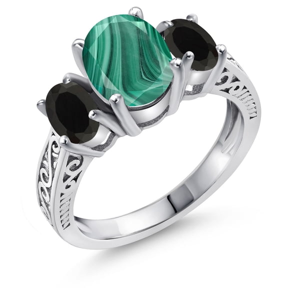 Gem Stone King 3.30 Ct Oval Green Malachite Black Onyx 925 Sterling Silver Ring (Size 6)