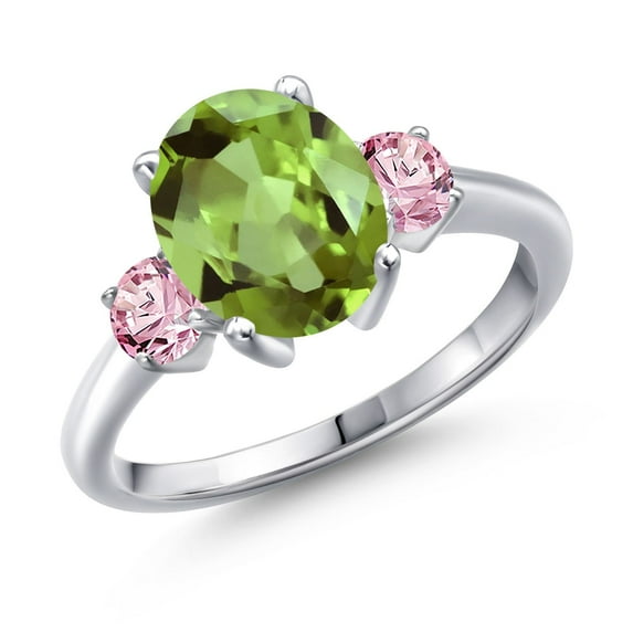 Gem Stone King 3.30 Ct Oval Green Peridot Pink Lab Grown Diamond 925 Sterling Silver Ring