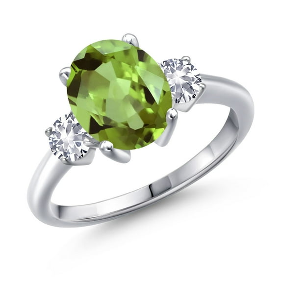 Gem Stone King 3.30 Ct Oval Green Peridot White Created Sapphire 925 Sterling Silver Ring