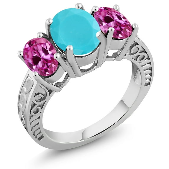 Gem Stone King 3.30 Ct Oval Green Turquoise Pink Created Sapphire 925 Sterling Silver Ring (Size 7)
