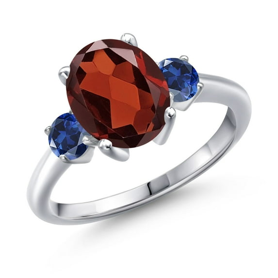 Gem Stone King 3.30 Ct Oval Red Garnet Blue Created Sapphire 925 Sterling Silver Ring