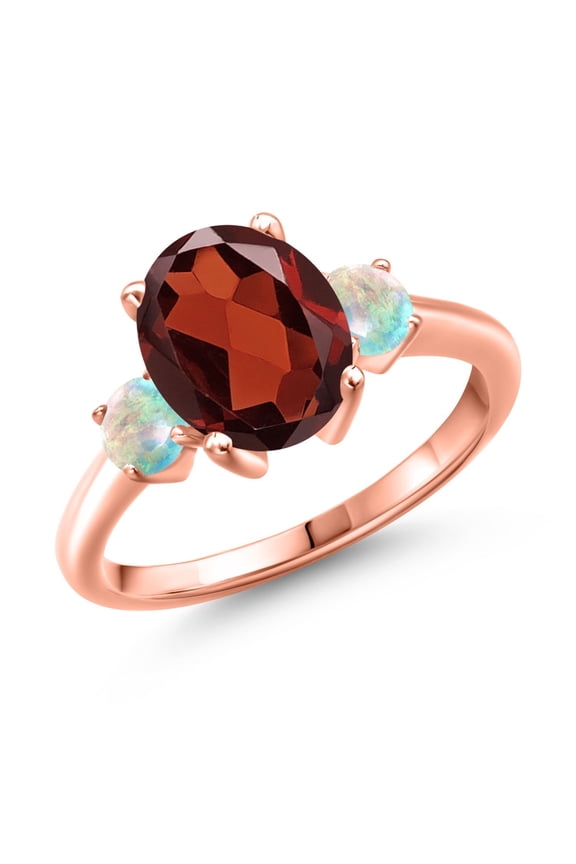 3.30 Ct Oval Red Garnet White Simulated Opal 18K Rose Gold Plated Silver Ring (Size 9)