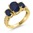 thumbnail image 1 of Gem Stone King 3.31 Ct Oval Blue Sapphire 18K Yellow Gold Plated Silver 3-Stone Ring, 1 of 6
