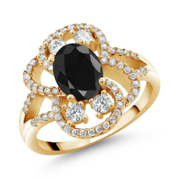 Gem Stone King 3.32 Ct Oval Black Sapphire 18K Yellow Gold Plated Silver Statement Ring (Size 7)