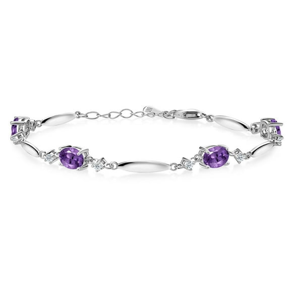 Gem Stone King 3.32 Cttw Purple Amethyst and White Topaz Tennis Bracelet for Women in 925 Sterling Silver | Gemstone February Birthstone | Oval 7X5MM | 6 inch + 1 inch Extender
