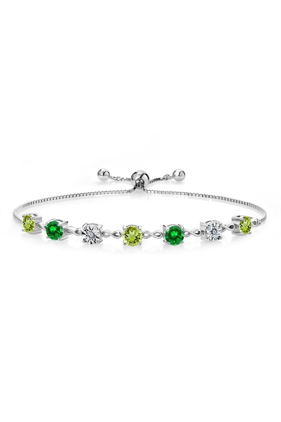 3.34 Ct Round Green Peridot Green Created Emerald 925 Sterling Silver Lab Grown Diamond Tennis Bracelet for Women (Fully Adjustable up to 9 inch)