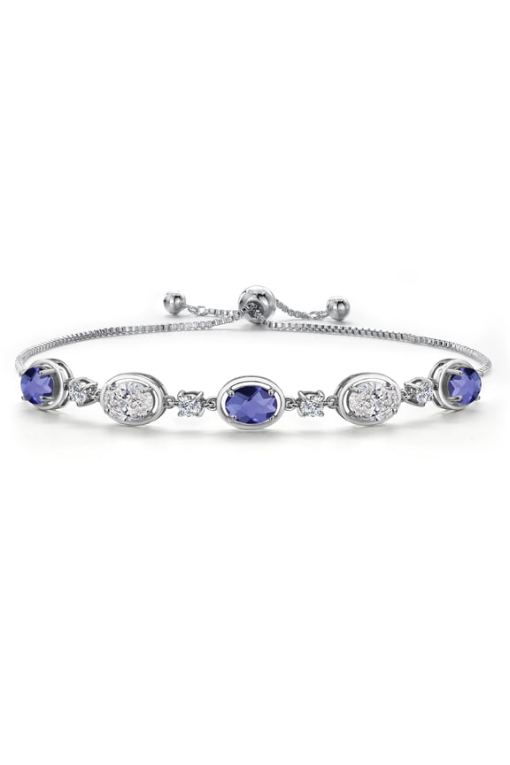 925 Sterling Silver Blue Iolite and and Lab Grown Diamond Bracelet for Women | 3.75 Cttw | Gemstone Birthstone | Oval Checkerboard 7X5MM | Fully Adjustable 9 inch