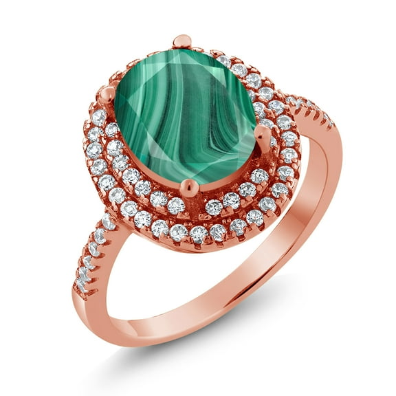 Gem Stone King 3.36 Ct Oval Green Malachite 18K Rose Gold Plated Silver Ring (Size 5)