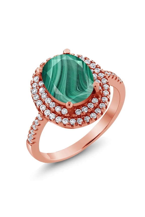 3.36 Ct Oval Green Malachite 18K Rose Gold Plated Silver Ring (Size 9)