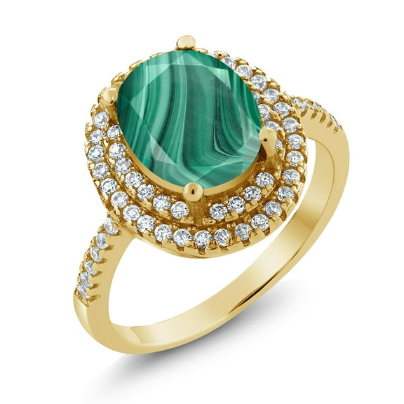 Gem Stone King 3.36 Ct Oval Green Malachite 18K Yellow Gold Plated Silver Ring (Size 8)