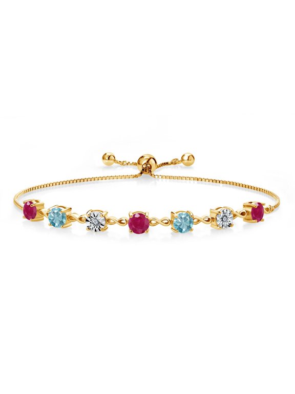 3.36 Ct Round Red Ruby Blue Zircon 18K Yellow Gold Plated Silver Lab Grown Diamond Tennis Bracelet for Women (Fully Adjustable up to 9 inch)