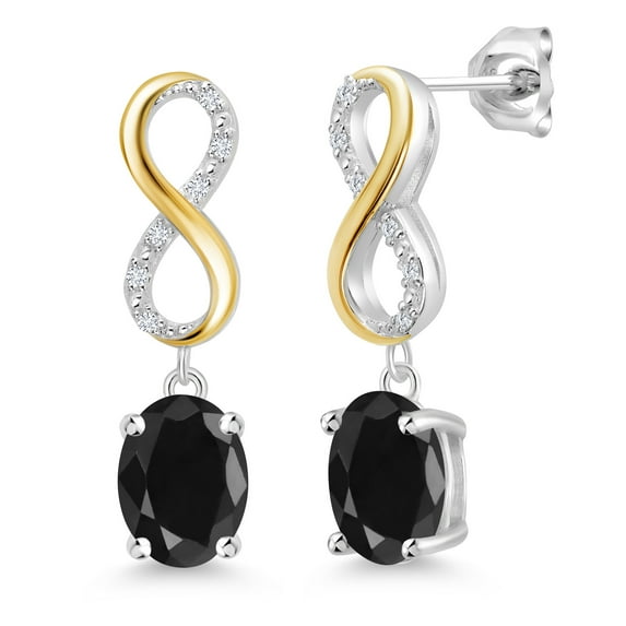 Gem Stone King 3.38 Ct Oval Black Sapphire 925 Silver 10K Yellow Gold Lab Grown Diamond Dangle Infinity Earrings