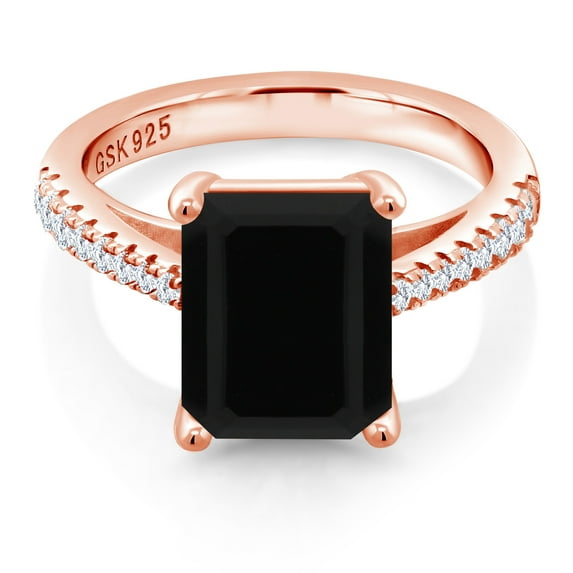 Gem Stone King 3.39 Ct Black Onyx White Created Sapphire 18K Rose Gold Plated Silver Ring