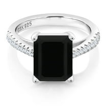 Gem Stone King 3.39 Cttw Black Onyx and White Created Sapphire Wedding Engagement Ring for Women | 925 Sterling Silver | Gemstone Birthstone | 10X8MM Emerald Cut | Available in Size 5, 6, 7, 8, 9