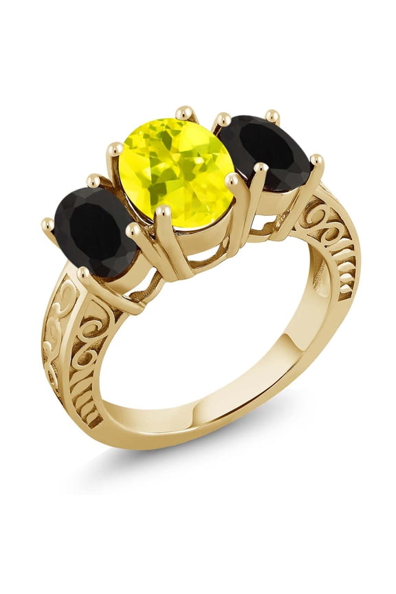 3.40 Ct Oval Canary Mystic Topaz Black Onyx 18K Yellow Gold Plated Silver 3-Stone Ring (Size 9)
