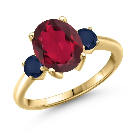 Gem Stone King 3.40 Ct Oval Red Mystic Quartz Blue Sapphire 18K Yellow Gold Plated Silver Ring