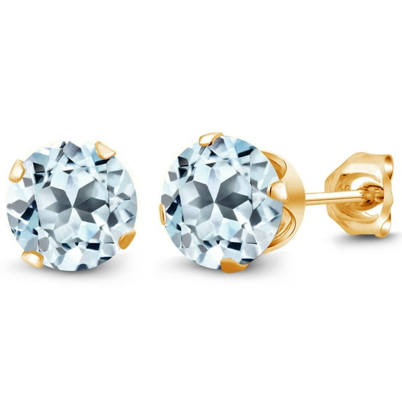 Gem Stone King 3.40 Ct Round 7mm Sky Blue Topaz 18K Yellow Gold Plated Silver Stud Earrings for Women Men