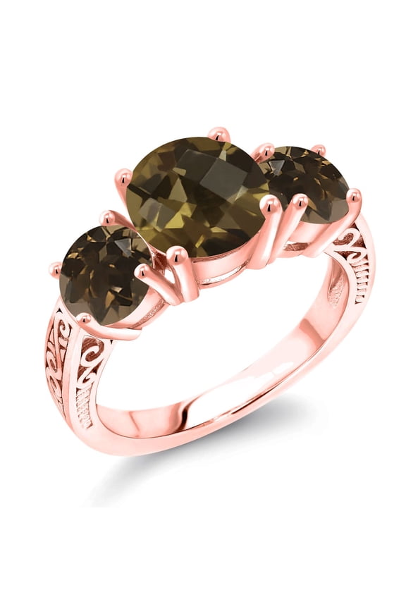 3.40 Ct Round Checkerboard Brown Smoky Quartz 18K Rose Gold Plated Silver Ring (Size 8)