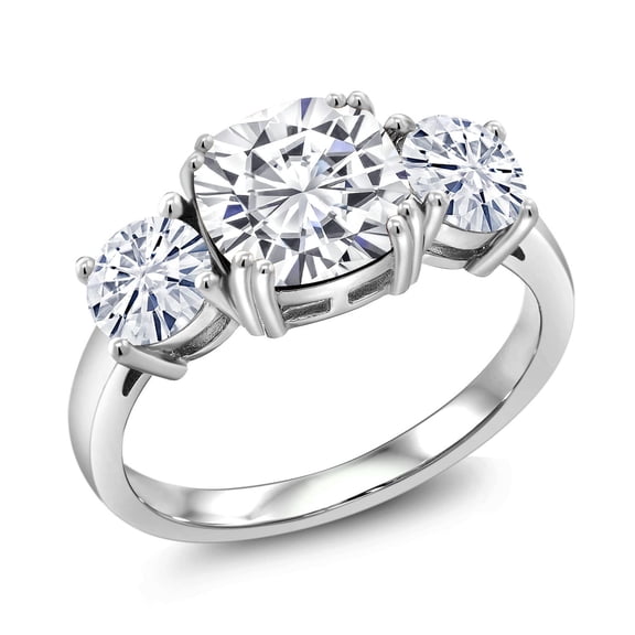 Gem Stone King 3.40 Cttw White Moissanite 3-Stone Engagement Ring for Women | 925 Sterling Silver | Cushion 8MM | Three Stone Wedding Engagement Anniversary Promise Ring for Women (Size 6)