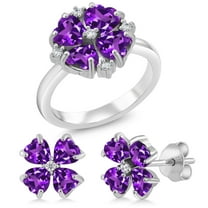 Gem Stone King 3.41 Ct Heart Shape Purple Amethyst 925 Sterling Silver Ring and Earrings Jewelry Set (Size 9)