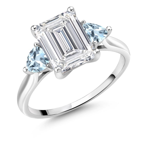 Gem Stone King 3.41 Cttw 10K White Gold IGI Certified VS Lab Grown Diamond & Sky Blue Aquamarine 3-Stone Engagement Ring for Women | Center Emerald Cut 3 Cttw | 4MM Trillion | Size 6.5