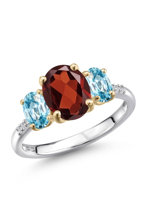 925 Silver and 10K Yellow Gold Red Garnet and Blue Zircon and Lab Grown Diamond Engagement Ring for Women | 3.49 Cttw | Oval 9X7MM | January Birthstone | Size 6