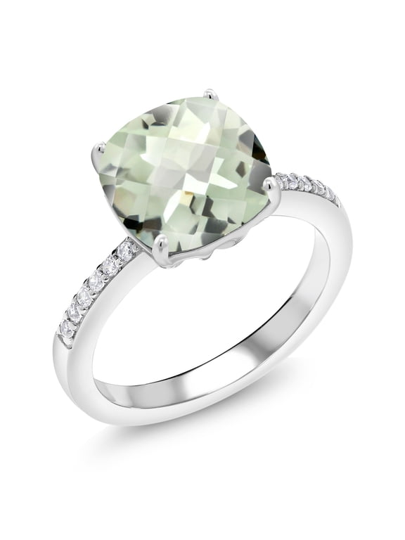 3.45 Ct Cushion Checkerboard Green Prasiolite 925 Sterling Silver Ring