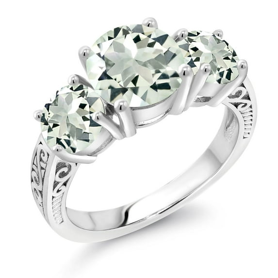 Gem Stone King 3.45 Ct Round Green Prasiolite 925 Sterling Silver 3-Stone Ring (Size 7)