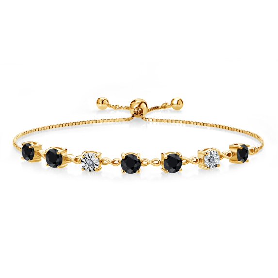 Gem Stone King 3.46 Ct Round Black Sapphire 18K Yellow Gold Plated Silver Lab Grown Diamond Tennis Bracelet for Women (Fully Adjustable up to 9 inch)