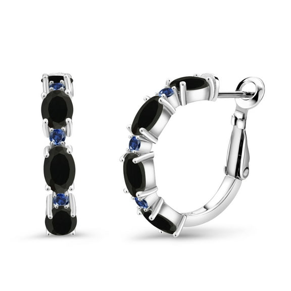 Gem Stone King 3.47 Ct Oval Black Onyx Blue Created Sapphire 925 Sterling Silver Hoop Earrings