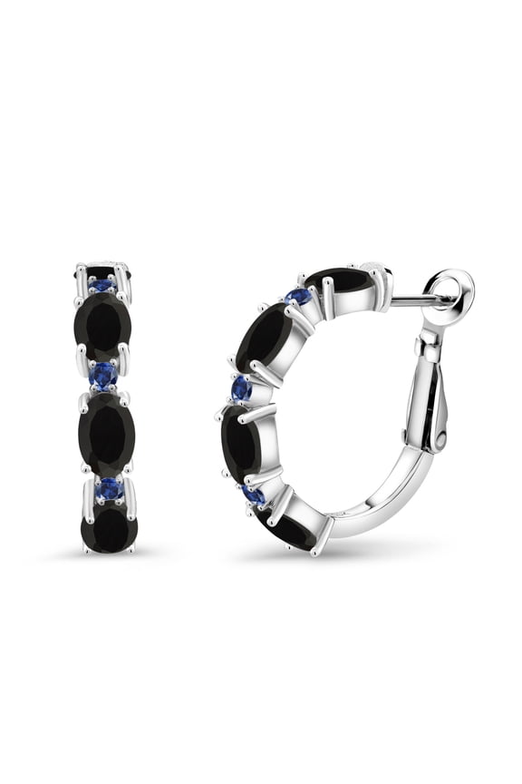 3.47 Ct Oval Black Onyx Blue Created Sapphire 925 Sterling Silver Hoop Earrings