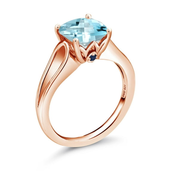 Gem Stone King 3.48 Ct Cushion Checkerboard Sky Blue Topaz Blue Sapphire 18K Rose Gold Plated Silver Ring (Size 7)