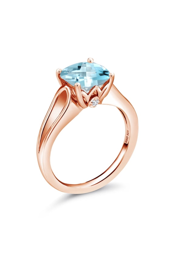 3.48 Ct Cushion Checkerboard Sky Blue Topaz E-F Lab Grown Diamond 18K Rose Gold Plated Silver Ring (Size 7)