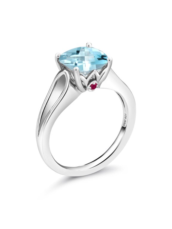 3.48 Ct Cushion Checkerboard Sky Blue Topaz Red Created Ruby 925 Silver Ring (Size 5)