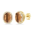 thumbnail image 1 of Gem Stone King 3.48 Ct Oval Brown Tiger Eye 18K Yellow Gold Plated Silver Earrings, 1 of 5