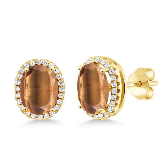 Gem Stone King 3.48 Ct Oval Brown Tiger Eye 18K Yellow Gold Plated Silver Earrings