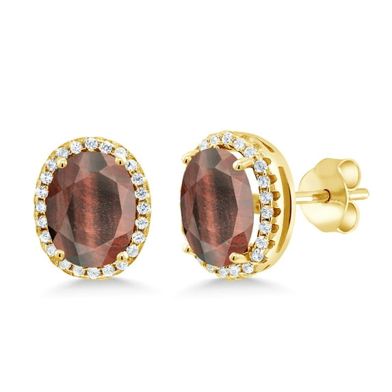 Gem Stone King 3.48 Ct Oval Red Tiger Eye 18K Yellow Gold Plated Silver Earrings