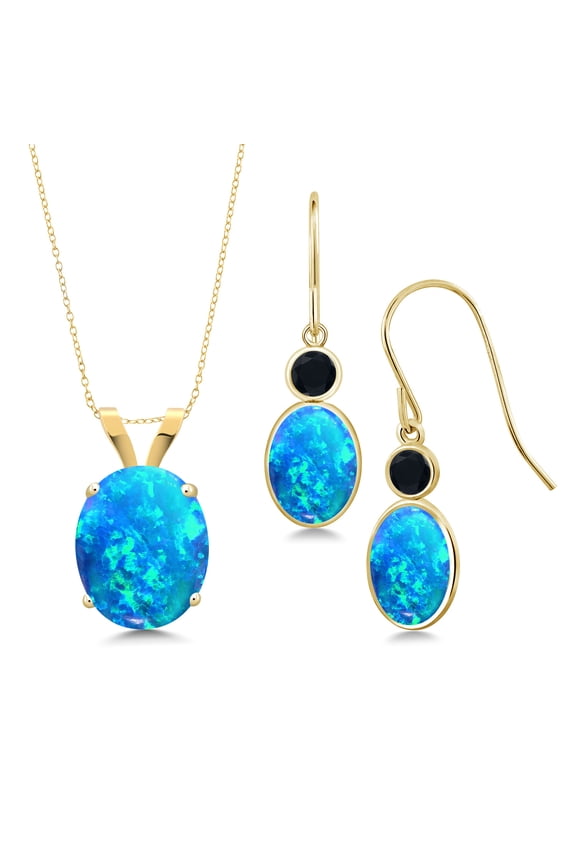 3.49 Cttw Oval Cabochon Blue Simulated Opal 14K Yellow Gold Pendant and Earrings Jewelry Set