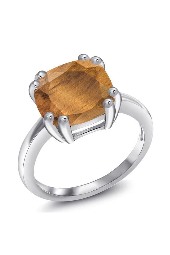 3.50 Ct Cushion Brown Tiger Eye 925 Sterling Silver Double Prong Ring