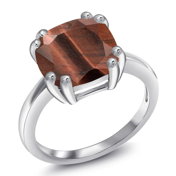 Gem Stone King 3.50 Ct Cushion Red Tiger Eye 925 Sterling Silver Double Prong Ring