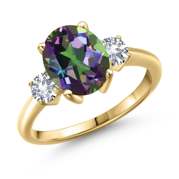 Gem Stone King 3.50 Ct Green Mystic Quartz White Created Sapphire 18K Yellow Gold Plated Silver Ring