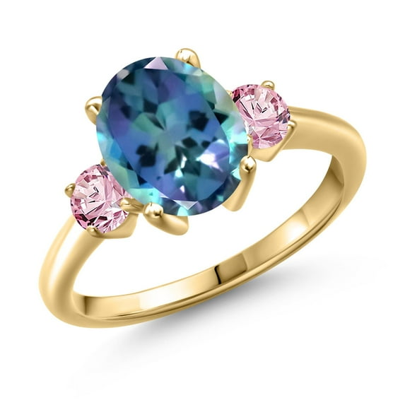 Gem Stone King 3.50 Ct Millennium Blue Mystic Topaz Pink Lab Grown Diamond 18K Yellow Gold Plated Silver Ring