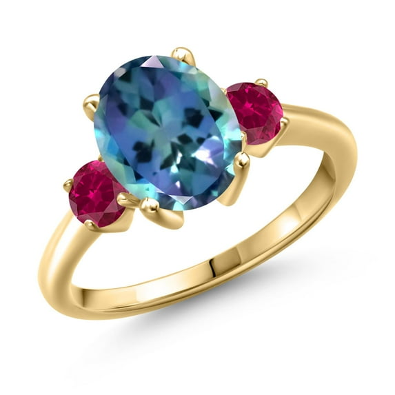 Gem Stone King 3.50 Ct Millennium Blue Mystic Topaz Red Created Ruby 18K Yellow Gold Plated Silver Ring