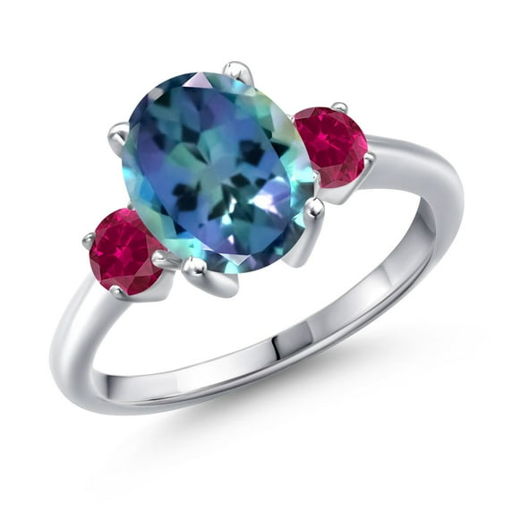 Gem Stone King 3.50 Ct Millennium Blue Mystic Topaz Red Created Ruby 925 Sterling Silver Ring